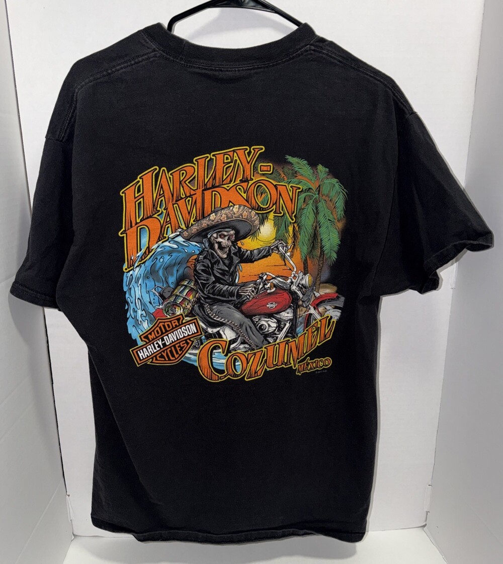 Harley Davidson Skull T-Shirt Large Skeleton On Motorcycle Cozumel Mexico